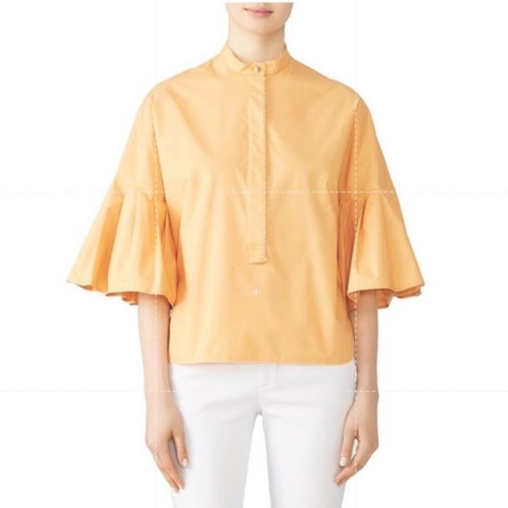 Genny Light Orange Poplin Cotton Popover Pleated Flounce Collarless Fancy Blouse